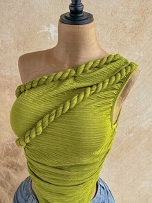SHEIN WYWH Blusa de malha torcida com ombros assimétricos e modelagem justa, estilo boêmio, perfeita para férias e outono. Ideal para mulheres com estilo vintage e perfeito para as festas de fim de ano. - Verde - Ver 5