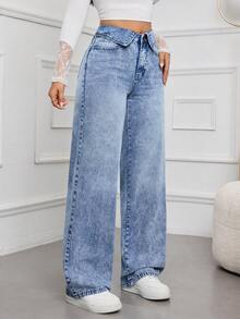 SHEIN Tall Summer Women's Casual Commuter Style With A Fashionable Fold-Over Waistband Design Loose Fit Distressed Denim Jeans - Medium Wash - View 5