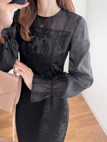 FRIFUL Women's Solid Color Round Neck Long Sleeve Flared Cuff Waist Fitted Dress, Versatile For Spring & Summer Sundress - Black - View 3