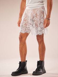 FeverCity Men's Sexy Floral Lace Shorts - White - View 5