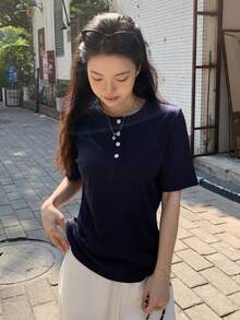 DAZY Áo thun tay ngắn dáng suông, màu trơn, cổ bẻ nửa thân, thích hợp mặc đi làm, mùa xuân/hè. - Màu xanh hải quân - Xem 3