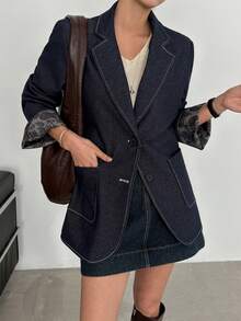 DAZY 女士翻领宽松长袖拼接印花休闲街头风牛仔外套 - 深色水洗藍 - 查看 1