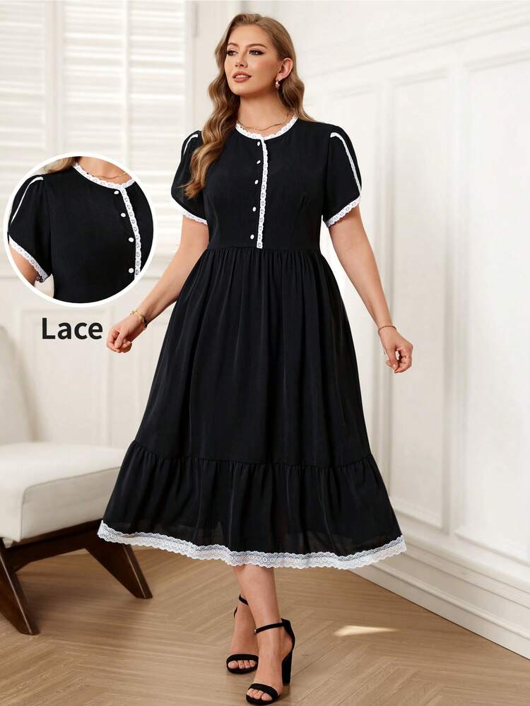 Plus Size Women Fashion Casual Lace Patchwork Long Dress Plus Size Babydoll Dress Curve Casual Dress Summer Outfit For Women Beach Vacation Outfits Graduation Dress Women Wedding Guest Dress Women Plus Dress Plus Size Casual Dress