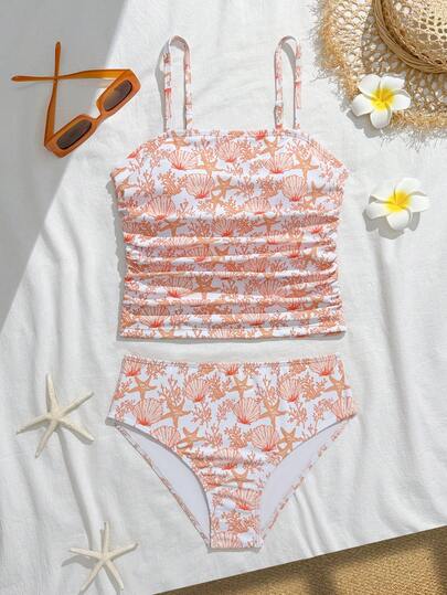 SHEIN Conjunto de 2 peças de biquíni para pré-adolescentes, modelo tankini com estampa de criaturas marinhas fofas, ideal para viagens, praia e verão.