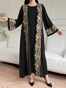 DAZY Women's Elegant Sleeveless Dress With Contrast Lace Patchwork Robe, 2-Piece Set, Spring/Summer - Black - View 4