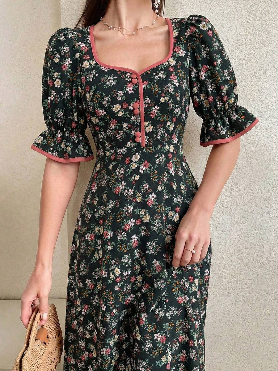 Modelyn Đầm maxi dài tay phồng họa tiết hoa dành cho nữ, phối viền tương phản, thích hợp cho buổi tối. - Màu xanh lá cây đậm - Xem 1