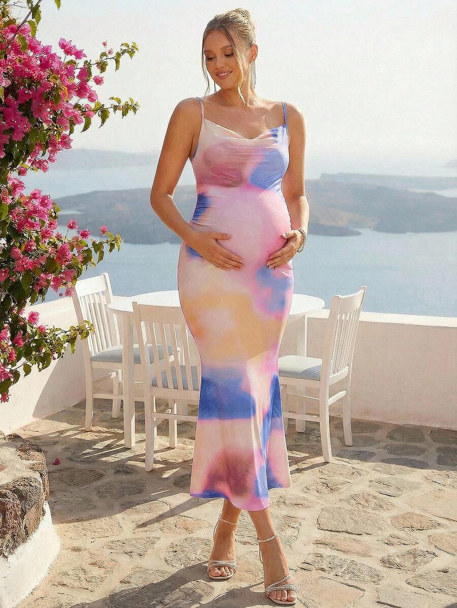 Loomaby 孕妇垂褶领扎染印花鱼尾下摆修身优雅吊带连衣裙 - 彩色 - 查看 1