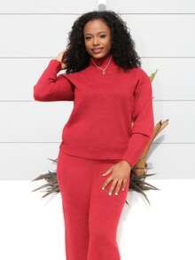 Steph T Damen Lässig Komfortable Minimalistische Mode Locker Gestrickter Pullover und Hohe Taille Elastische Lässig Hose 2-teiliges Set, Herbst/Winter - Bordeaux - Übersicht 3