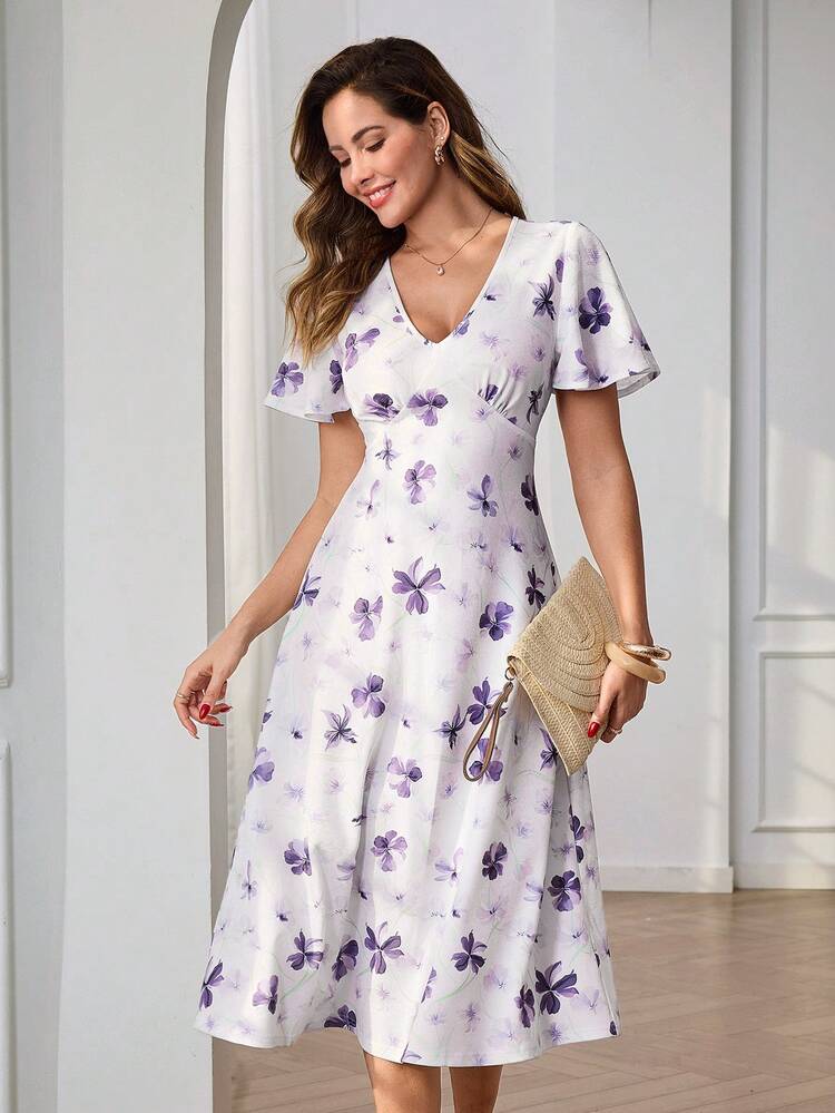 Elegant White Floral Midi Dress For Women – V-Neck Flutter Sleeve A-Line Dress With Purple Flower Print, Perfect For Summer & Spring, Ideal For Wedding Guest, Party, Vacation, Beach, Going Out, And Festival Occasions,Graduation Outfit For Mother, Ruffle Dress,Summer Outfits For Women