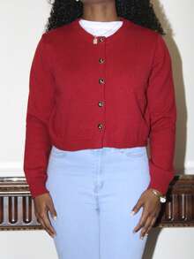 Steph T Classic Front Button Long Sleeve Cardigan, Fashionable For Autumn/Winter - Red - View 3