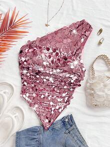 Soleia Women's Asymmetric Hem Asymmetrical Shoulder Top, Casual For Vacation, Beach, Wedding Guest, Graduation Brunch, St. Patrick's Day, Spring Break, Easter, Music Festival, Elegant Boho Tropical Party, Sequin Embellished, Brown, Valentine's Day,Valentine's Day Outfit ,Shiny Top,Pink Top - Pink - View 6