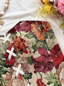 Soleia Floral Print Lace-Up Fishbone Bodycon Top - Apricot - View 6