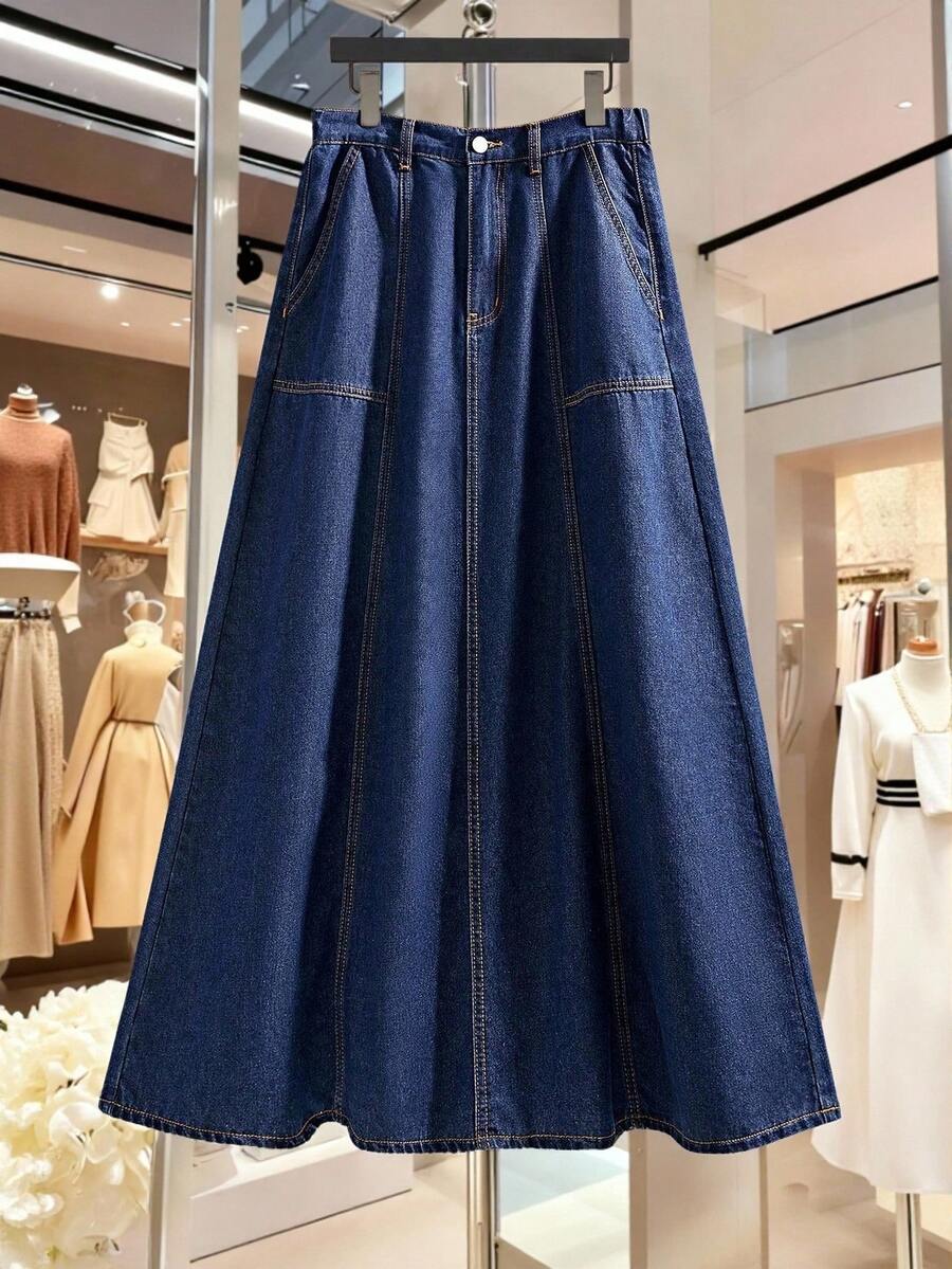 GlowEve Chân váy denim nữ cạp cao có túi, kiểu dáng thường ngày/công sở - Rửa tối - Xem 1