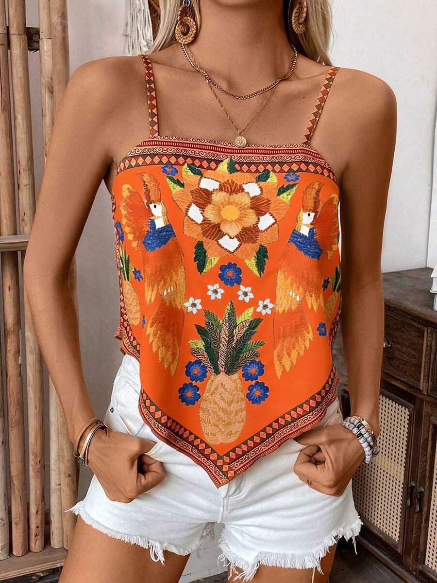 Selianne Camiseta sin tirantes casual y holgada con estampado floral y de plantas para mujer - Multicolor - Ver 1