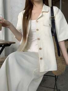 DAZY Women's Casual Solid White Pocket Shirt And Straight Denim Skirt 2-Piece Set, Spring/Summer - White - View 6