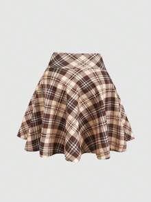 SHEIN Tween Girl Fashionable Elegant Woven Plaid Skirt - Apricot - View 7