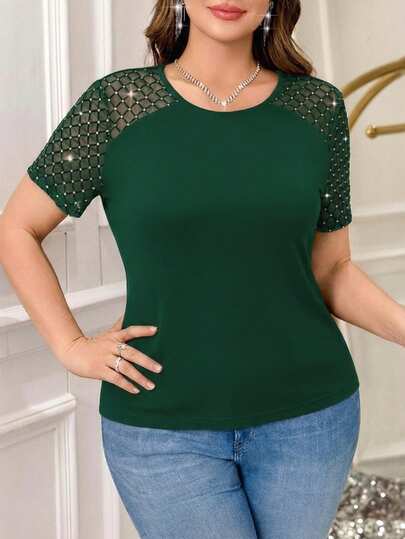 SHEIN Clasi Camiseta casual y elegante con mangas de malla de talla grande