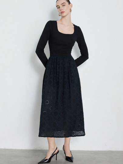 Aveloria Modichic Women's Black Square Neck Dress, Delicate Tailoring Craftsmanship, Unique Material Patchwork Design, Embroidered Hem With A-Line Silhouette, Elegant Retro Style, Suitable For Evening Gala, Date, Formal Occasions, Vacation, Picnic, Casual Outing