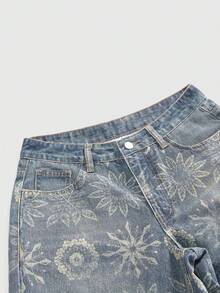 ROMWE Grunge Punk Y2K复古印花低腰宽松阔腿牛仔裤 - 藍色 - 查看 3