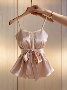 Franclia 细肩带+珍珠饰边/蝴蝶结收腰优雅上衣/温柔优雅吊带衫 - 杏色 - 查看 3