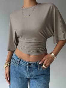 Aloruh Casual Solid Color Batwing Sleeve Ruched Waist T-Shirt, Summer - Light Grey - View 4