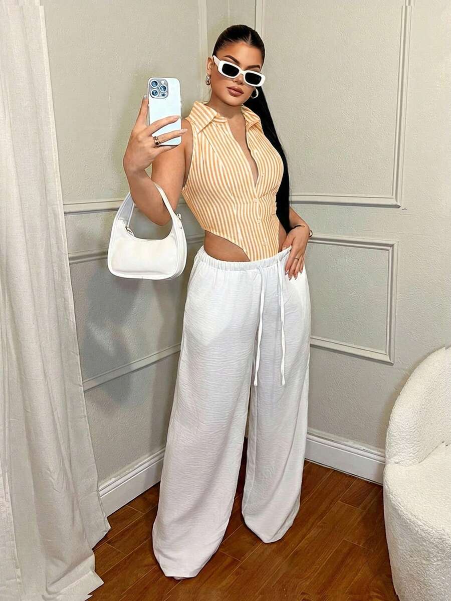 SHEIN SXY Women's Summer Linen Striped Bodysuit, Casual Minimalist Versatile Top, Suitable For Daily Wear, Office, Commute - Yellow - View 1