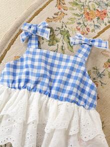 2pcs Baby Girl Plaid Round Neck Sleeveless Top And Elastic Waist Pants Set Checkered Outfit Two Pieces Sets Girls Two Pieces Set Cute Vintage Style Light Blue Matching Set Baby Girls 2pcs Set Baby Girl Checkered Outfit Little Girl Summer Sets - Multicolor - View 6
