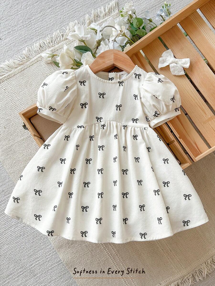 Cozy Pixies Baby Girl Round Neck Puff Sleeve Waist Tie Casual Comfortable Dress - Multicolor - View 1