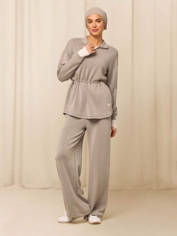GLOWMODE X Reem Modest SoftSerene Modal Soft Spot Silky-Smooth Breathable Adjustable Drawstring Waist Slip Pockets Quarter-Zip Mid-Length Sweatshirt Daily Casual Wear