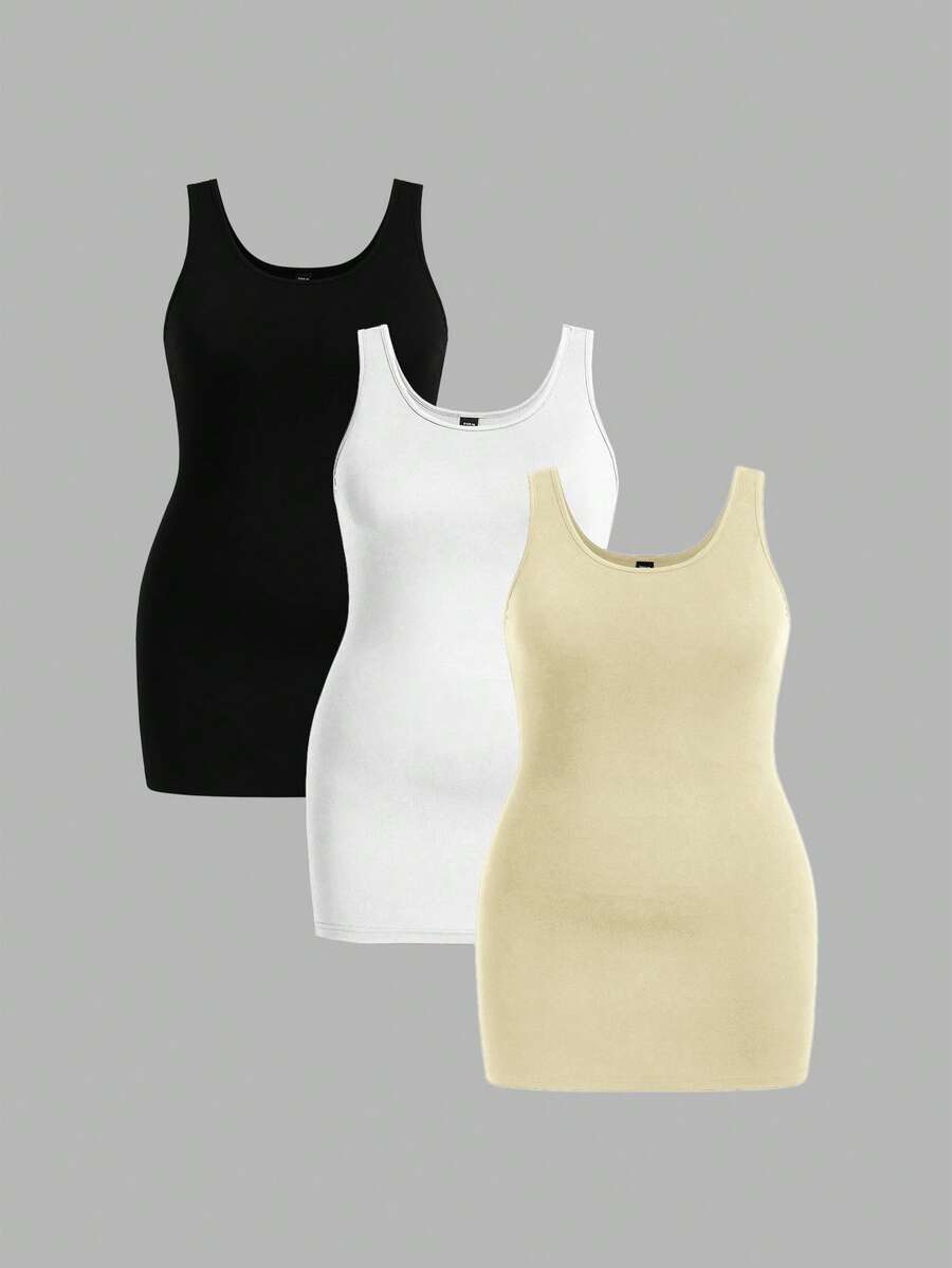 SHEIN Essnce 大码休闲纯色圆领无袖背心 - 彩色 - 查看 1