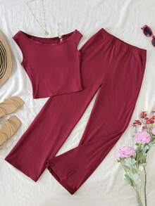 SHEIN Tween Girl Spring/Summer Casual Commuter Fitted Off Shoulder Ruched High-Stretch Knit T-Shirt And Matching Woven Slim Straight Leg Pants Set, Burgundy - Burgundy - View 2