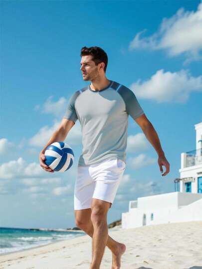 Manfinity Swimmode Men's Contrast Color Raglan Short Sleeve Rash Guard Vacation Outfits For Men Running Shirt For Men Mens Summer Holiday Clothes Outfit For Men Beach Holiday / Vacation / Beach / Hawaii / Tropical / Swim /  Bathing