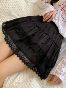 DAZY Damen Elastischer Taillenbund Spitze Patchwork Rock - Schwarz - Übersicht 6