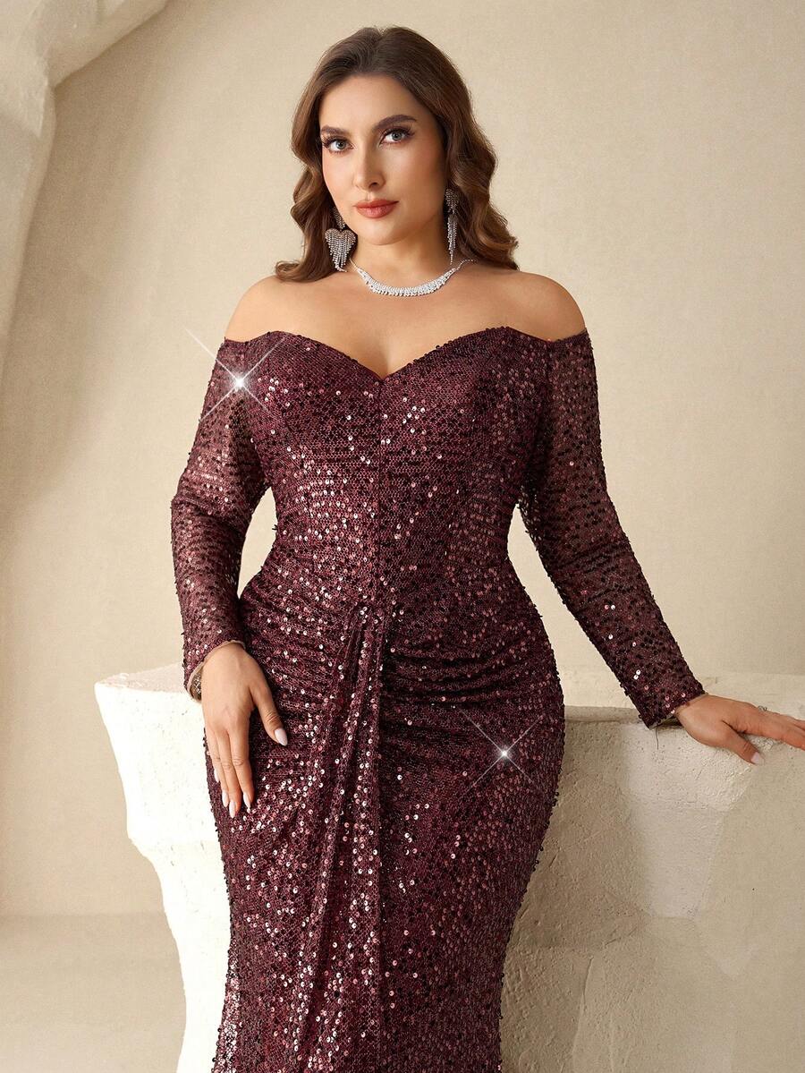 Coutiva 这款优雅的亮片露肩长袖正式晚礼服，采用鱼尾式褶裥裙摆设计，适合婚礼宾客、毕业典礼及其他社交场合穿着。也可用作舞会礼服或初次亮相礼服。 - 酒紅色 - 查看 1