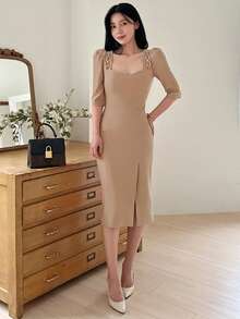 DAZY Women's Square Neck Mid-Sleeve Fitted Waist Midi Dress, Elegant For Commuting Sundress - Apricot - View 7