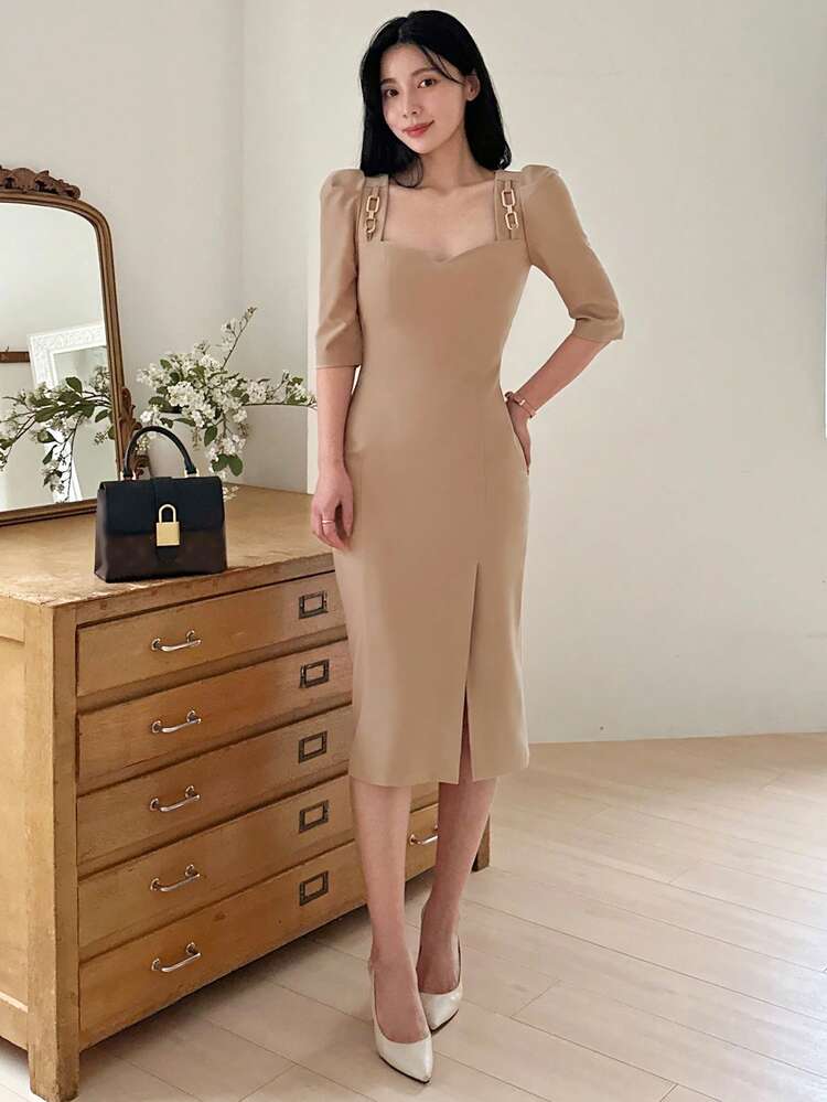 Women's Square Neck Mid-Sleeve Fitted Waist Midi Dress, Elegant For Commuting Sundress