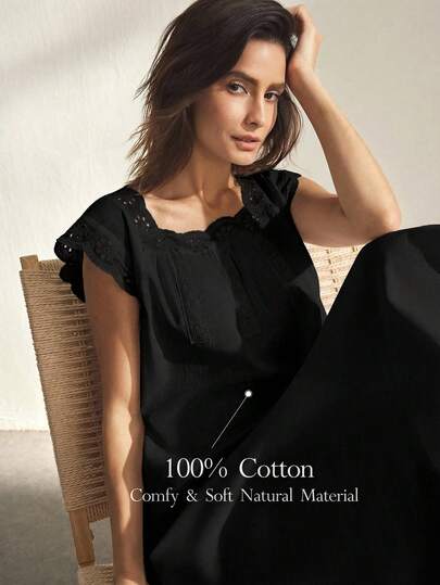 Ocili 100% Cotton Soft & Comfortable Frill Trim Bow Tie Sleepwear Dress For Women