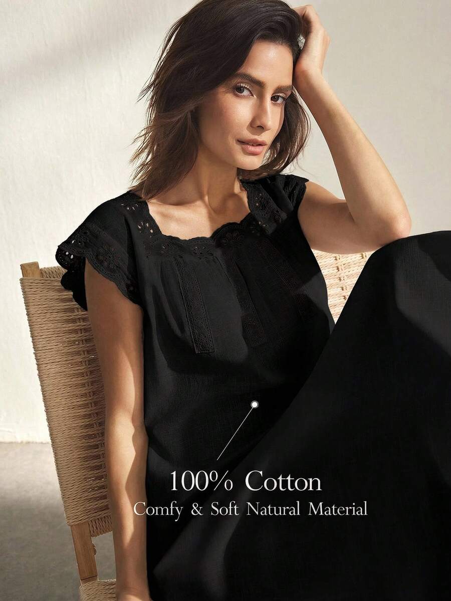 Ocili Đầm ngủ nữ 100% cotton mềm mại và thoải mái với viền bèo nhún và nơ thắt cổ. - màu đen - Xem 1