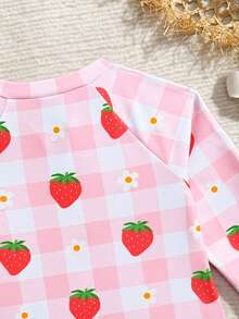 Baby Girls' Pink Strawberry Print Long Sleeve Ruffled Hem One-Piece Swimsuit - Pink - View 5