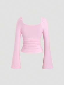 Sweetra Áo thun nữ màu hồng, thích hợp cho Halloween, Lễ Tạ ơn, Năm mới, dự tiệc, đi làm, mặc hàng ngày, du lịch, nghỉ mát. Áo có họa tiết in, nơ đính hạt, thiết kế nhún bèo, dễ thương và tinh nghịch, ôm eo, tay dài. - Hồng - Xem 2