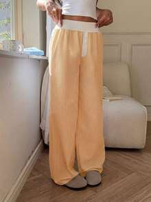 SHEIN EZwear 女士休闲黄条纹撞色白阔腿裤，春夏款 - 黃色 - 查看 4