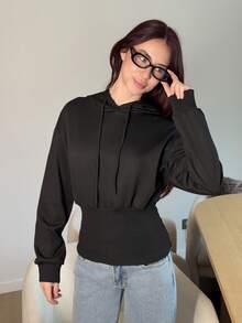 Abrilcols 女式棕色连帽束腰长袖运动衫，秋冬款 - 黑色 - 查看 1