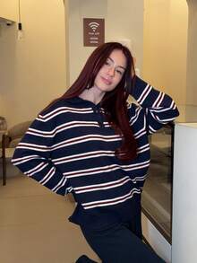 Abrilcols Women's Casual Everyday Striped Polo Collared Long Sleeve Sweater,Back To School ,Fall / Winter Clothes For Women,Blockette Style - Multicolor - View 6