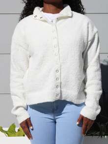 Steph T Funnel Neck Fluffy Knit Long Sleeve Cardigan Classy Cute Sexy Streetwear Fall Autumn Night Out - White - View 3