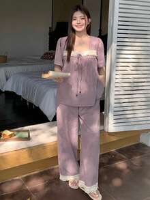 Dazy Plus 大码女式撞色蕾丝宽松圆领上衣和裤子睡衣套装，春夏款 - 紫色 - 查看 6
