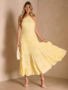 Enchnt Spring/Summer Romantic Women's Yellow Backless Maxi Cake Dress For Women,Sweet&Elegant For Vacation&Date&Holiday&Going Out,Spring Outfit Women - Light Yellow - View 3