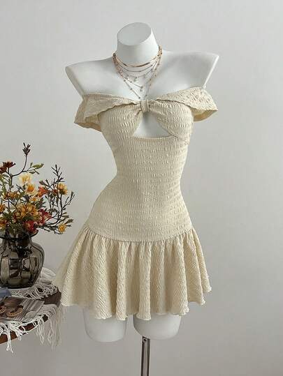 Elamini Vestido corto sin hombros, con recortes, sin mangas, con cintura ceñida, plisado, favorecedora, adecuado para vacaciones de primavera y verano