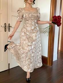 DAZY Women's Elegant Floral Textured Square Neck Puff Sleeve Midi Dress, Summer - Apricot - View 4