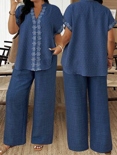 Ceyna Damen Große Größen Französischer Stil Lässiges elegantes Kurzarm Hemd und Hose 2-Teiliges Set