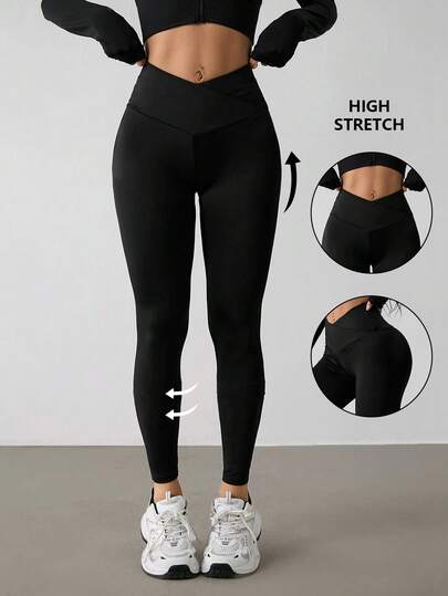 SHEIN PETITE Women's Solid Color V-Waist Elastic Skinny Pants